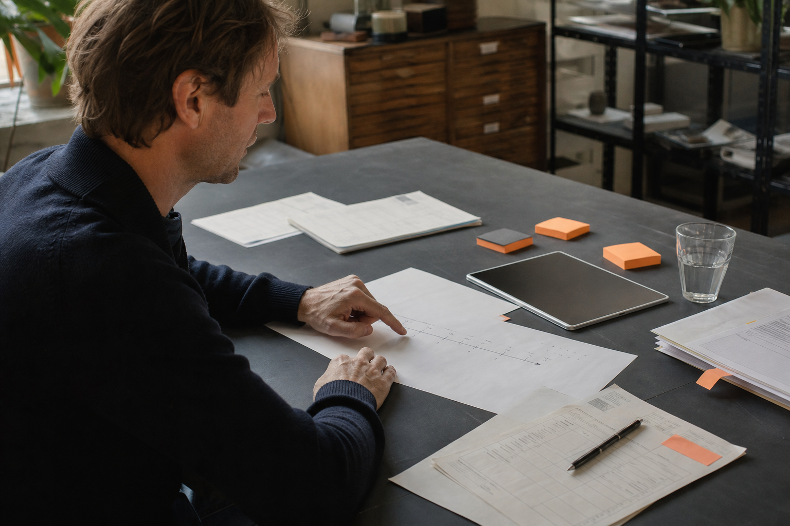Zelfstandig professional bekijkt kosten en een tijdlijn aan een rustige werktafel