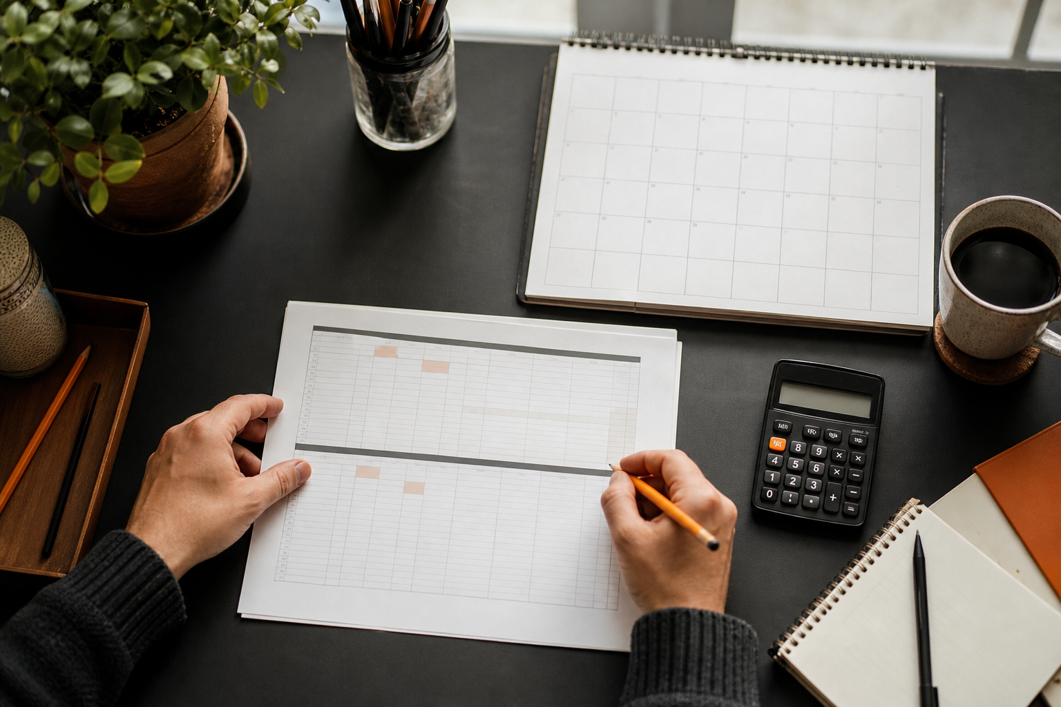 Ondernemer maakt aan een donkere tafel een financieel jaarplan met kalender en rekenmachine